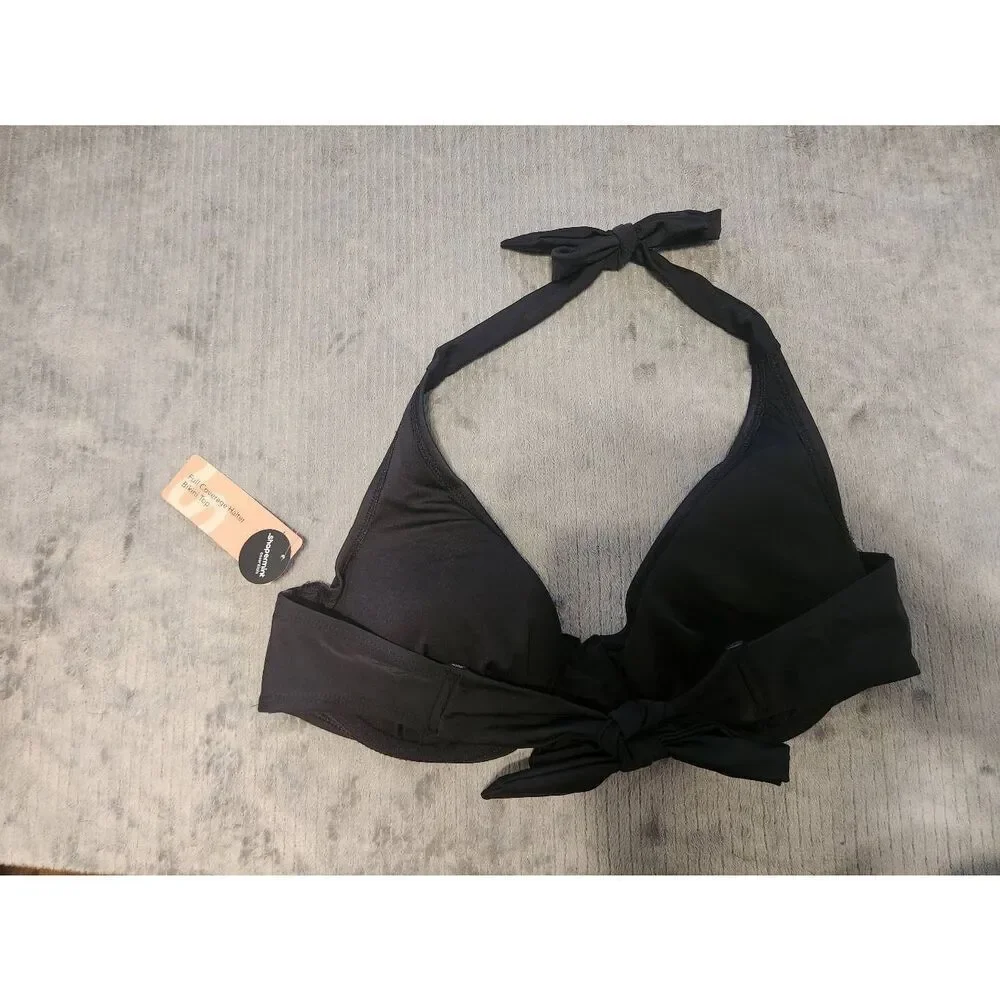 NWT Shapermint Essentials Full Coverage Halter Bikini Top Size L Black